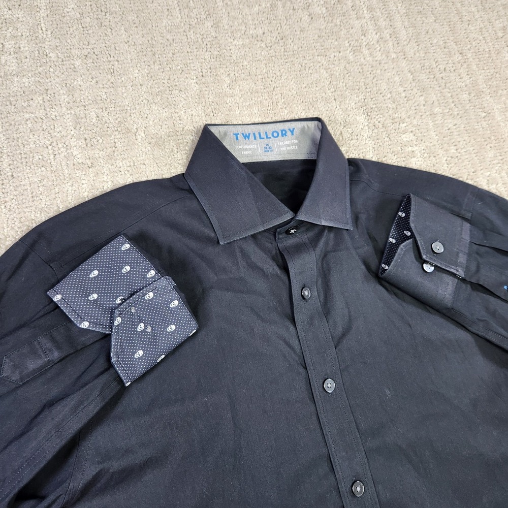 Twillory Shirt Men 15 Trim Fit Black Skull Flip Cuff Performance Coolmax Button